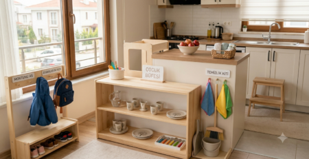 Ahşap çocuk büfesi, öğrenme kulesi, çocuk boyu askılık ve temizlik kiti içeren modern ve düzenli bir Montessori ev ortamı.