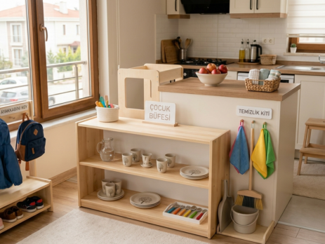 Ahşap çocuk büfesi, öğrenme kulesi, çocuk boyu askılık ve temizlik kiti içeren modern ve düzenli bir Montessori ev ortamı.