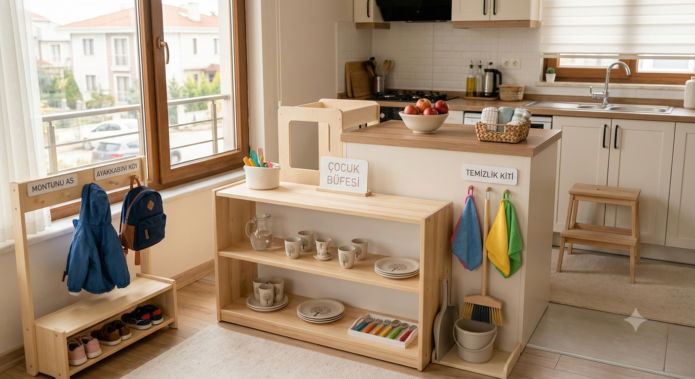 Ahşap çocuk büfesi, öğrenme kulesi, çocuk boyu askılık ve temizlik kiti içeren modern ve düzenli bir Montessori ev ortamı.